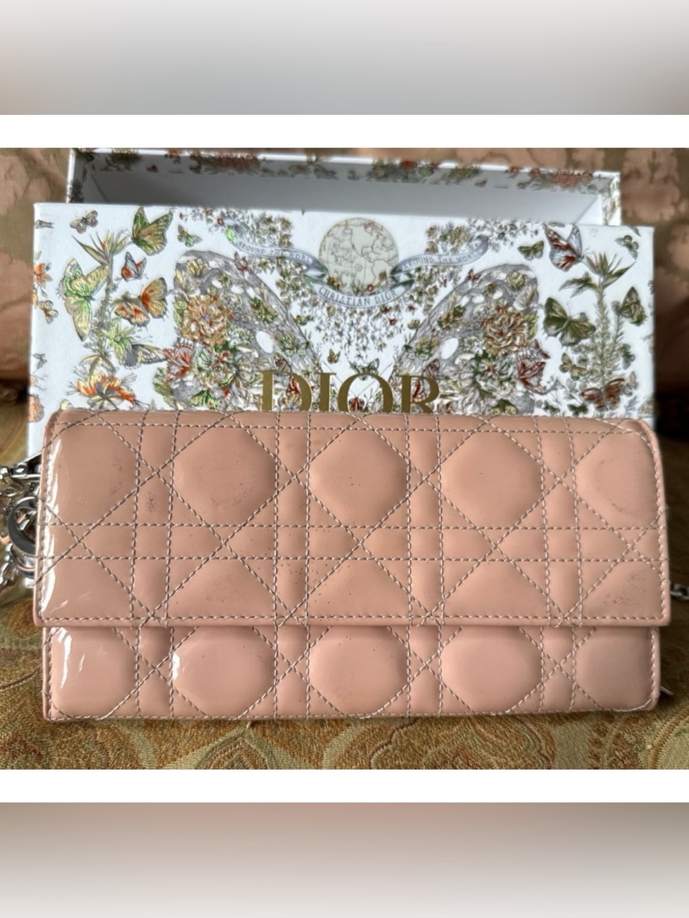 DIOR Cannage Patent Leather Chain Wallet Clutch Bag w/ Logo Charm Light Pink
